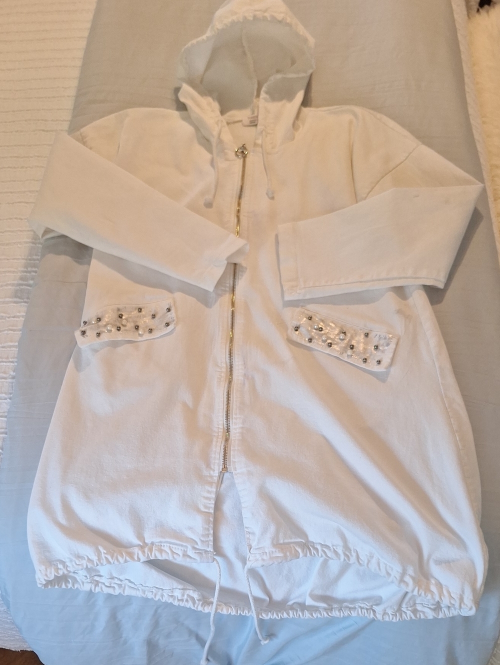 Boutique "Made In Italy" White Hooded Jacket w/ Pearls & Silver Song Lyrics